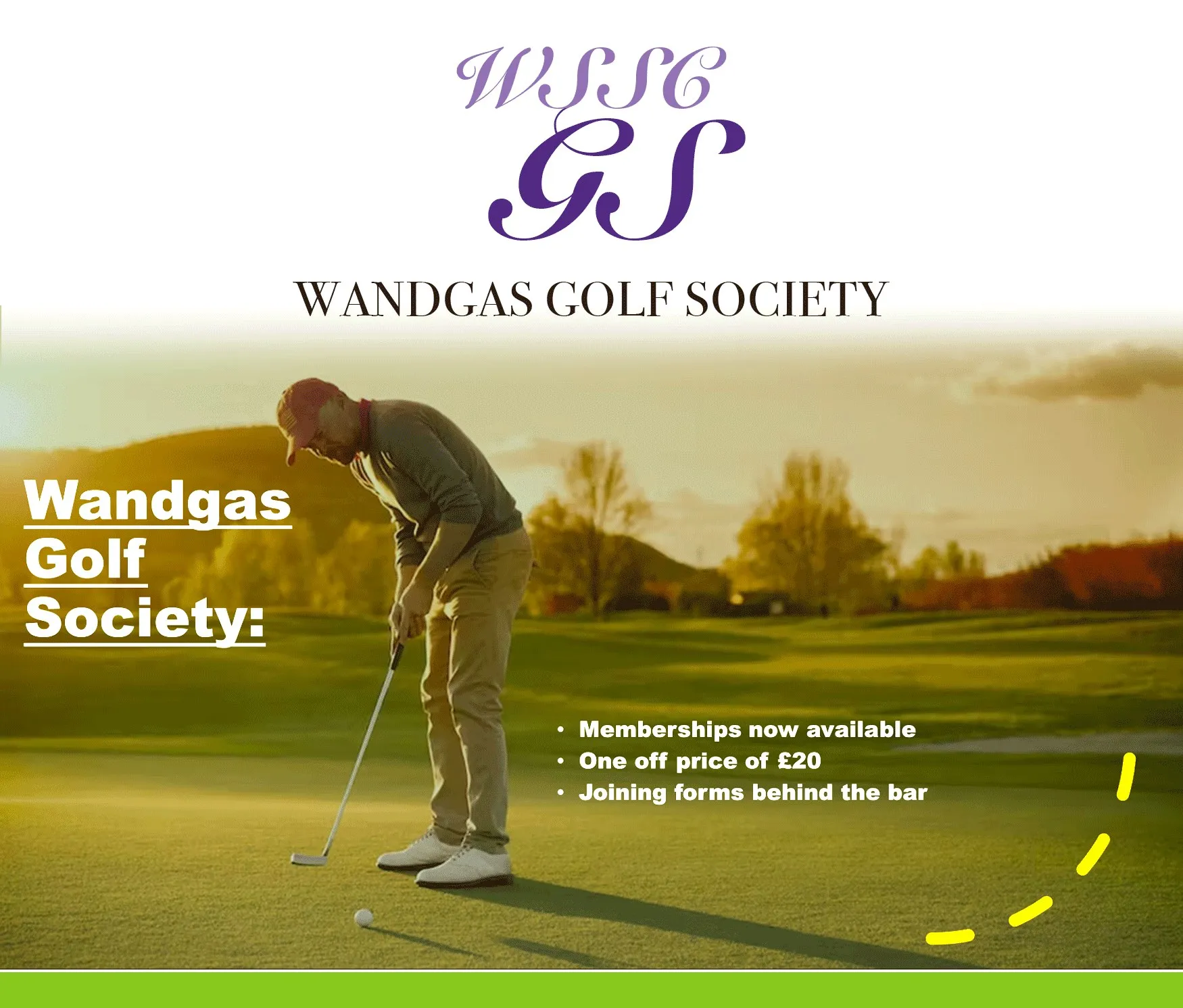 Wandgas Golf Society poster: memberships now available, one-off price of £20, joining forms behind the bar